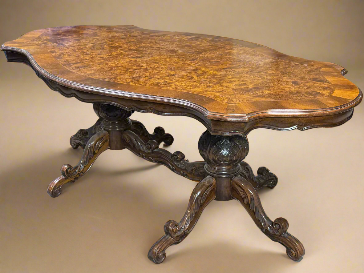 Double Pedestal Burl Walnut Table