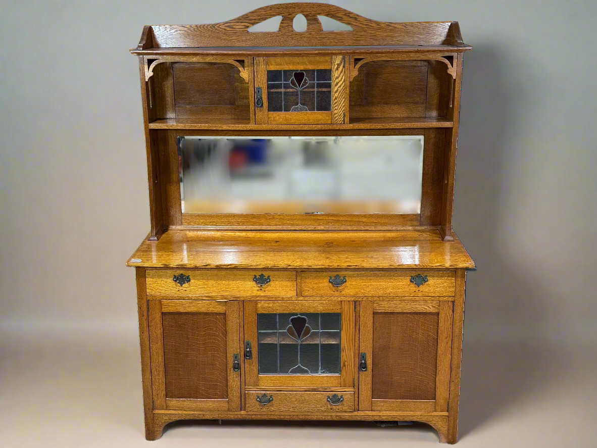 English Oak Hutch with Stained Glass