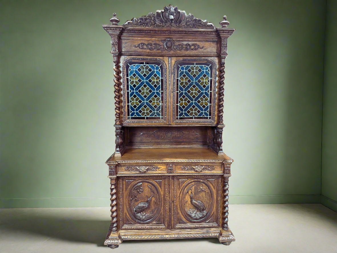 French Renaissance Style Carved Oak Leaded Stained Glass Hunt Cabinet