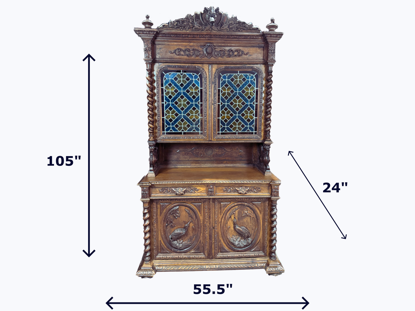 French Renaissance Style Carved Oak Leaded Stained Glass Hunt Cabinet
