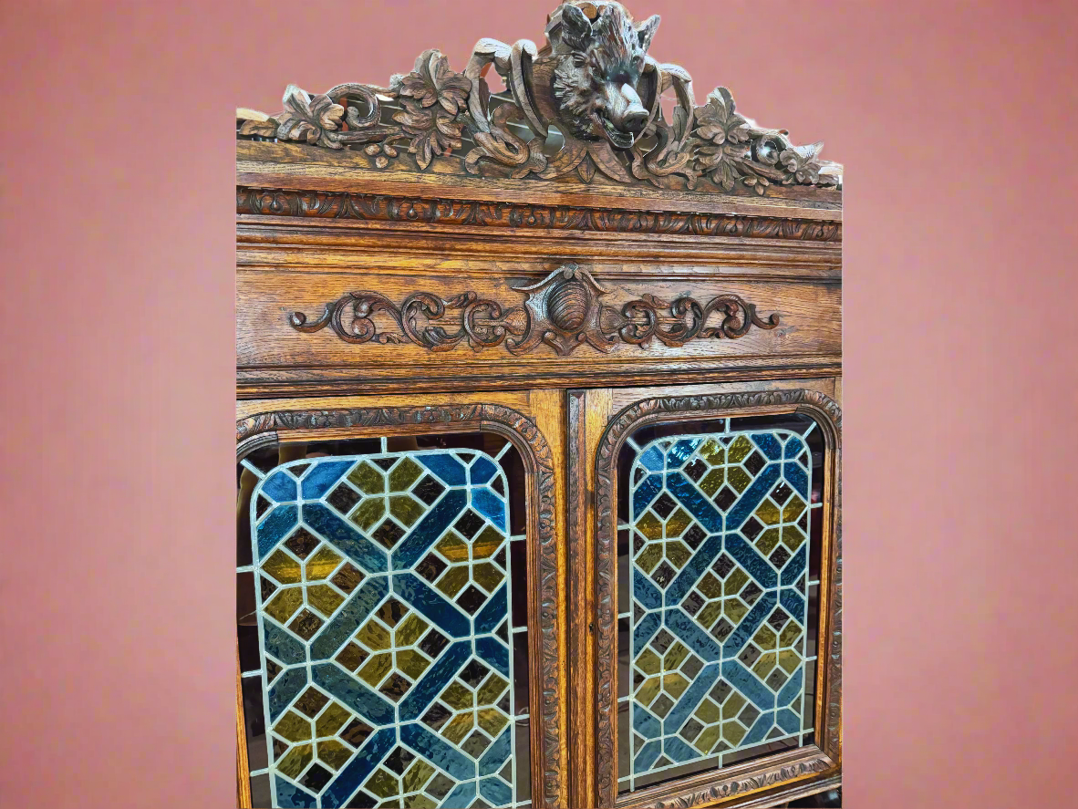 French Renaissance Style Carved Oak Leaded Stained Glass Hunt Cabinet