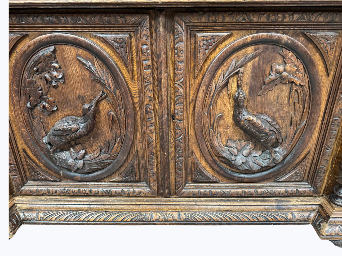 French Renaissance Style Carved Oak Leaded Stained Glass Hunt Cabinet